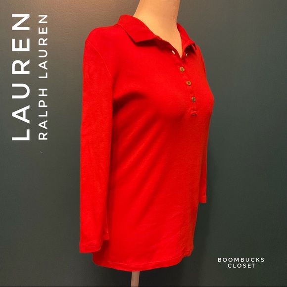 Lauren Ralph Lauren Red Orange 3/4 sleeve Polo Shirt - Picture 5 of 13